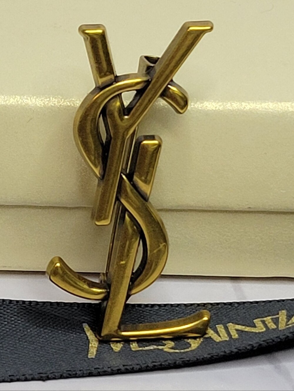 Saint Laurent YSL Logo Brooch/Pin In Antique Gold Finish 1.5"